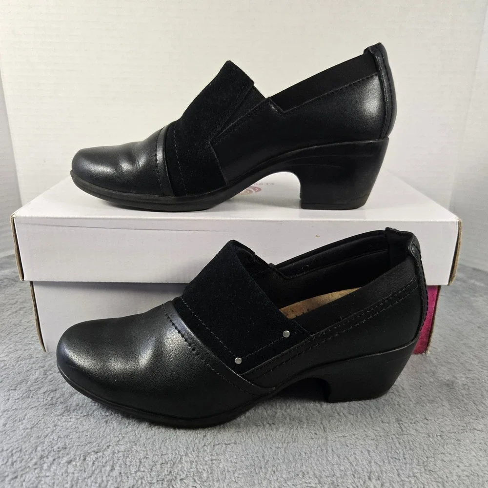 Clarks Collection Adriel Viola Black Leather Suede Block Heel Pumps 6.5 M